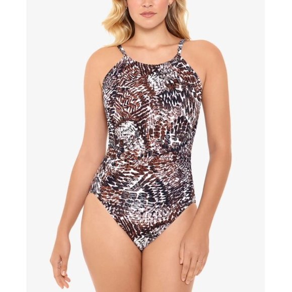 NWT Swim Solutions High Neck V-Back Animal Print One Piece SIZE 10 NEW WITH TAGS - Picture 1 of 8